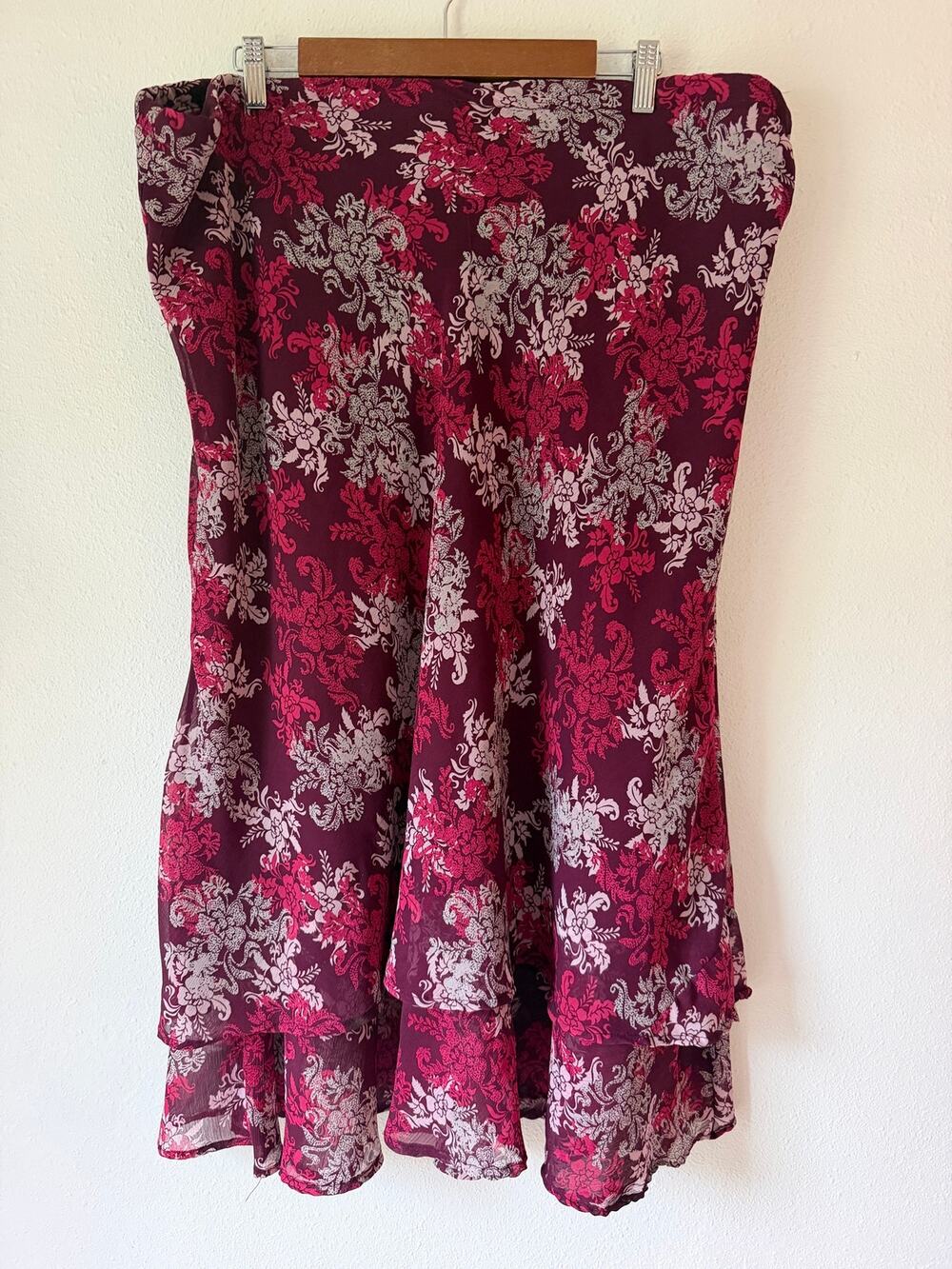 Y2k Purple Flowy Fairycore Boho Ruffled Floral Print Skirt Size Large (40/42)